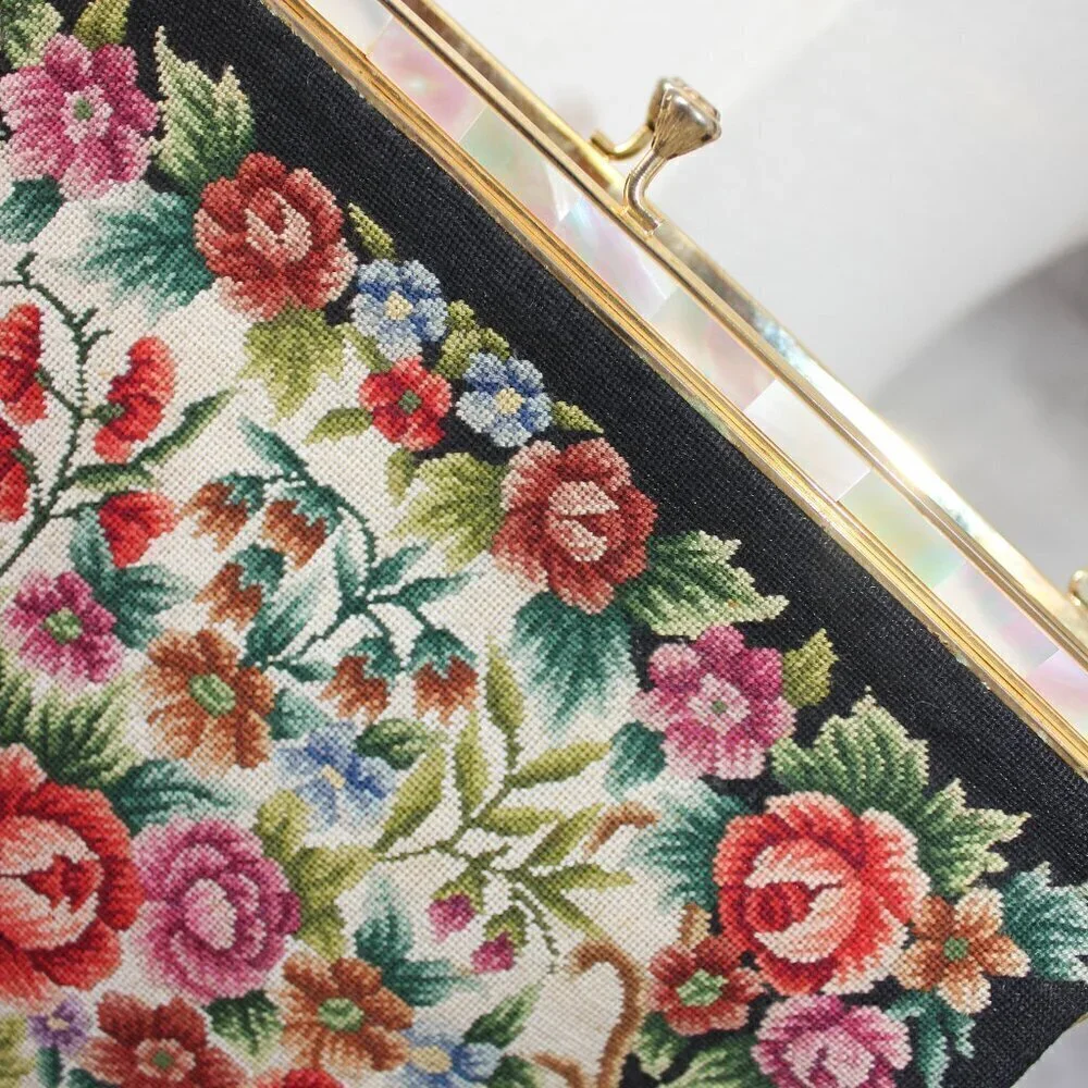 Vintage Style Petite Needlepoint Point Embroidery Handbag Gold Strap Purse